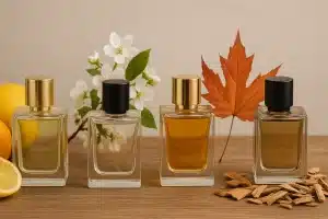 Seasonal display of luxury unisex perfumes featuring citrus and woody notes.”