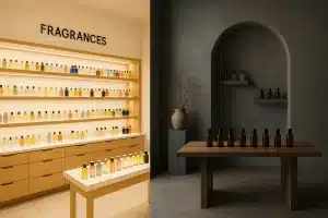 "Comparison of designer perfume counter display and artistic niche fragrance boutique shelf - Palisade Scents - Niche vs Designer Fragrances"