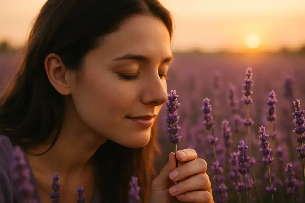 “Serene lavender field at sunrise, suggesting the calming effect of natural floral fragrance on mood.”