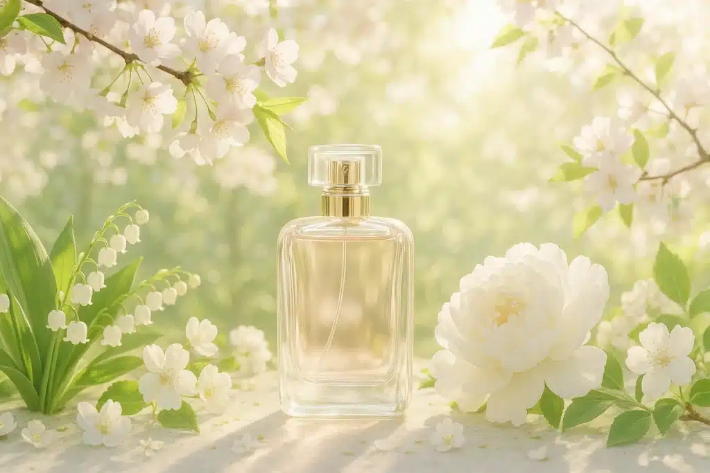 scented  Seasons Perfumes for spring featuring floral and green notes like peony, cherry blossom, and fresh-cut grass.