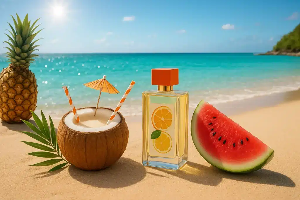 "Scented Seasons summer perfume on a sunlit beach with turquoise water, coconut drink, and tropical fruits like pineapple and watermelon."
