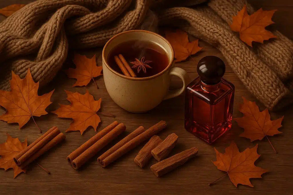 Autumn perfume beside fallen leaves and spices, capturing warm, woody, and cozy seasonal vibes."