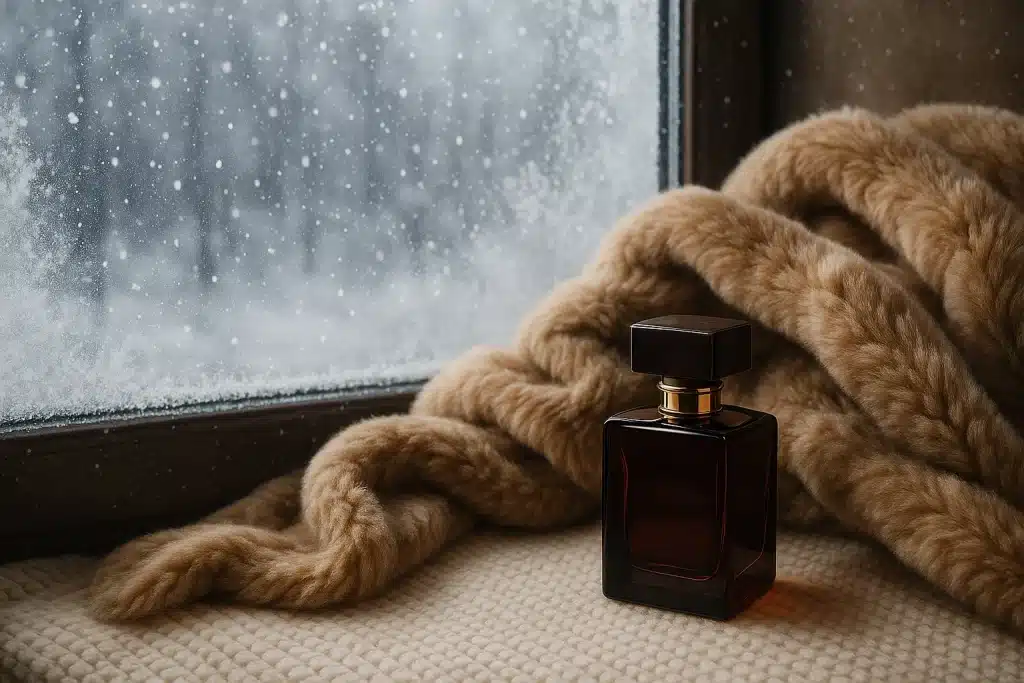 "Winter fragrance nestled in a cozy blanket by a snowy window, symbolizing richness, depth, and indulgence.