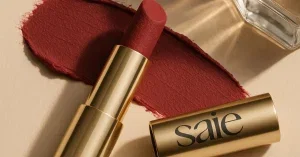 Close-up of Saie Lip Blur Surreal on lips with matte-blurring effect