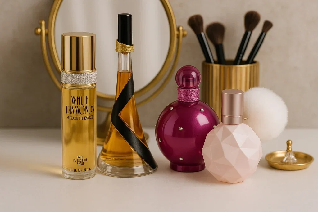“Best celebrity fragrances including White Diamonds, Cloud, and Reb’l Fleur displayed on a vanity”