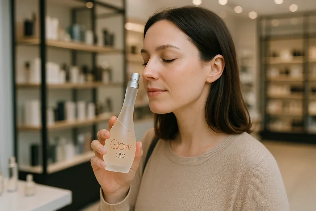 “Customer testing popular celebrity perfumes like Glow by J.Lo in store”