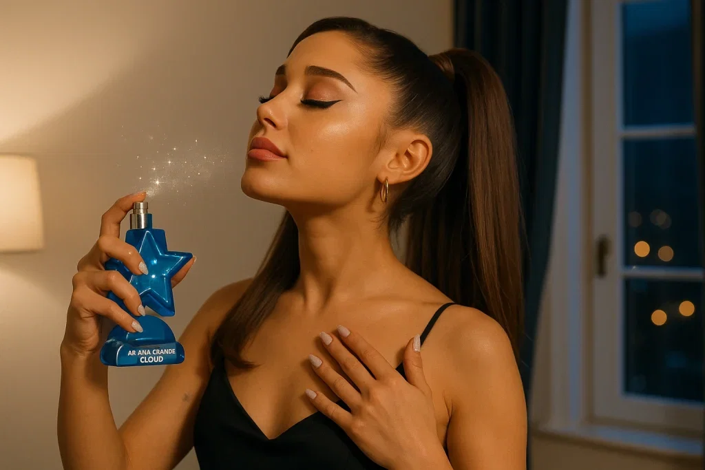 “Woman applying star-powered fragrance Ariana Grande Cloud before going out”