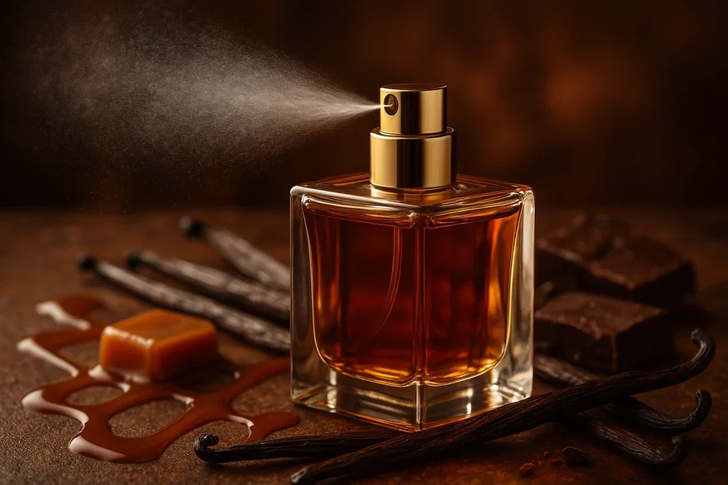 Luxury gourmand perfume being sprayed with decadent vanilla, caramel, and chocolate ingredients in the background