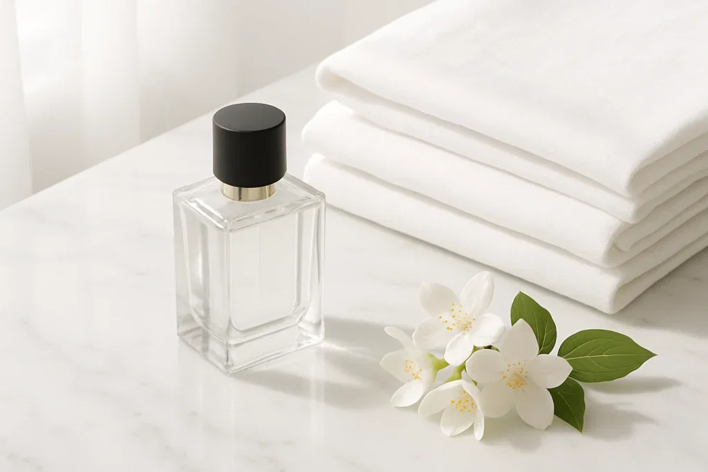 Minimalist clean girl aesthetic perfume with fresh white linens and jasmine flowers representing the popular TikTok beauty trend
