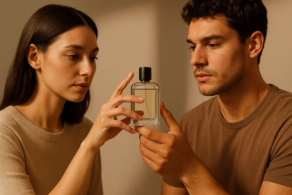 Gender-neutral fragrance being shared between two people, representing the popular unisex perfume trend on TikTok