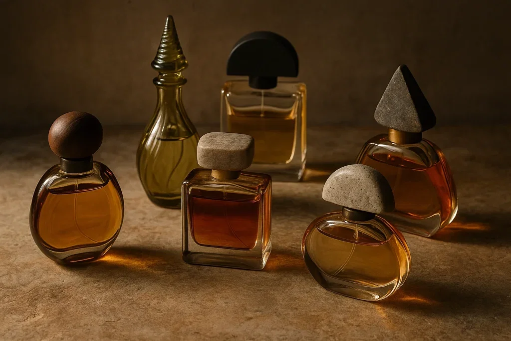 Collection of unique niche perfume bottles trending on PerfumeTok, showcasing artisanal and distinctive fragrance designs