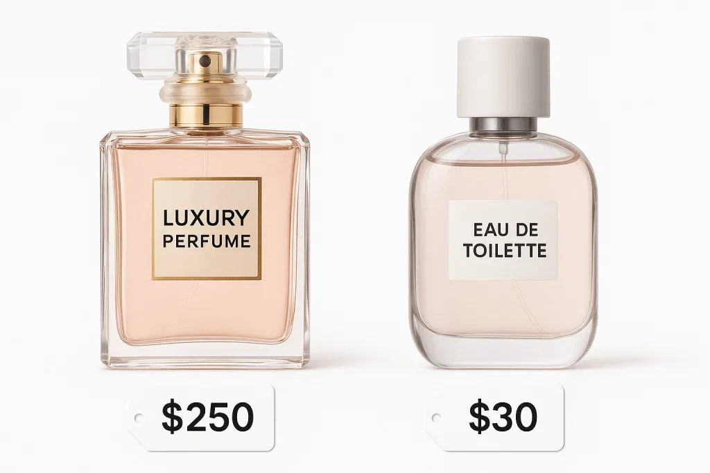 Side-by-side comparison of luxury designer perfume with its affordable TikTok-viral dupe alternative showing significant price savings