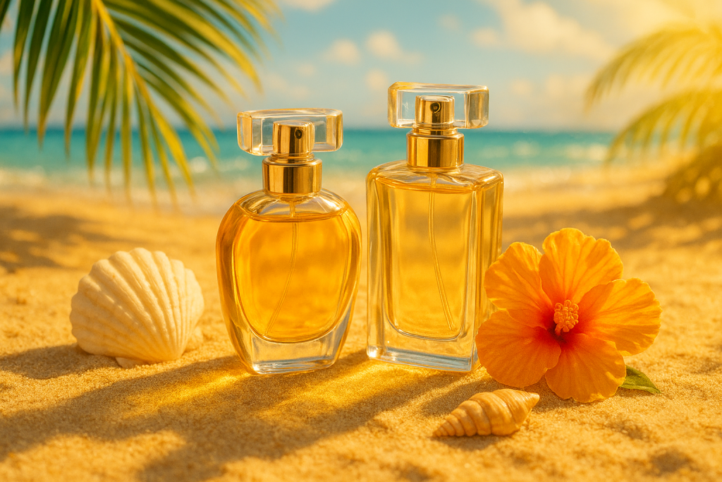 Summer 2025 trending fragrances from PerfumeTok displayed in a bright beach setting with tropical elements